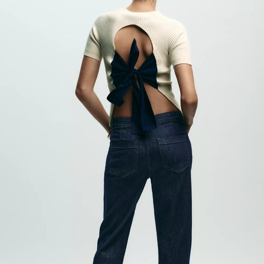 Zara Ivory Ribbed Knit Top with Open Back & Navy Bow Size M NWT